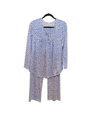 Bestbee Lavender White Print Lounge Pajama Set Long Sleeve Top Wide Leg Medium
